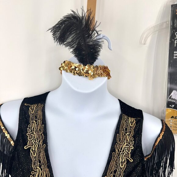 SPIRIT SWANKY FLAPPER GOLD BLACK DRESS & SEQUIN FEATHR HEADBND HALLOWEEN COSTUME - Picture 3 of 7